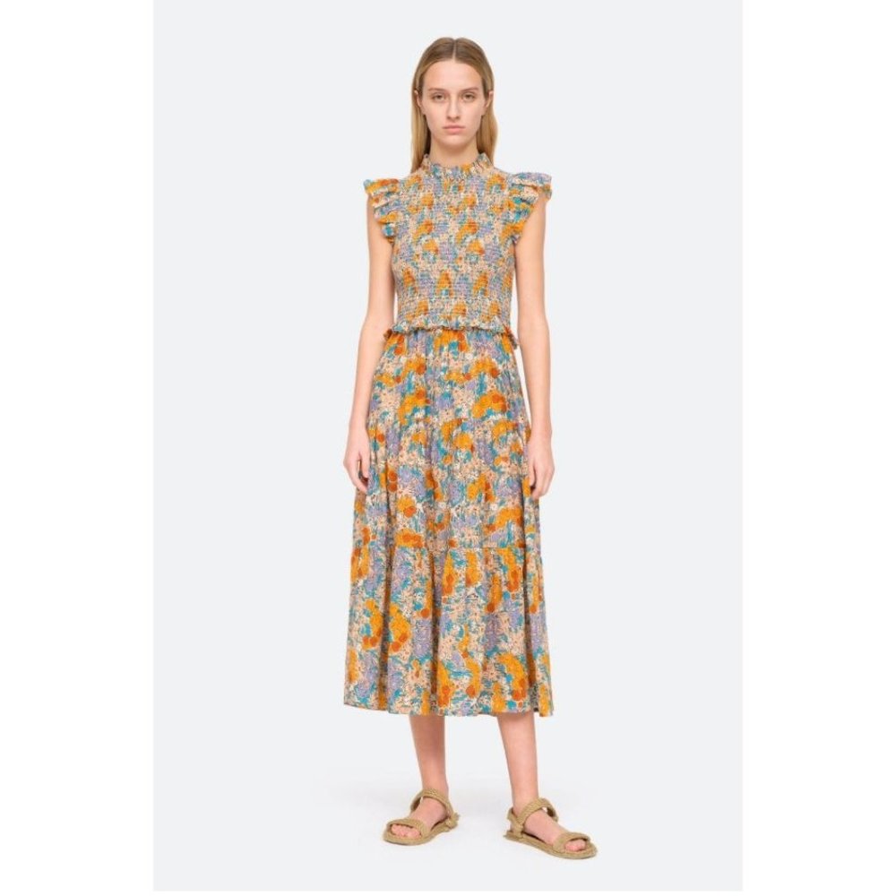 Sea New York Biarritz Smocked Midi Multi Color Floral Dress Size-4 MSRP$395